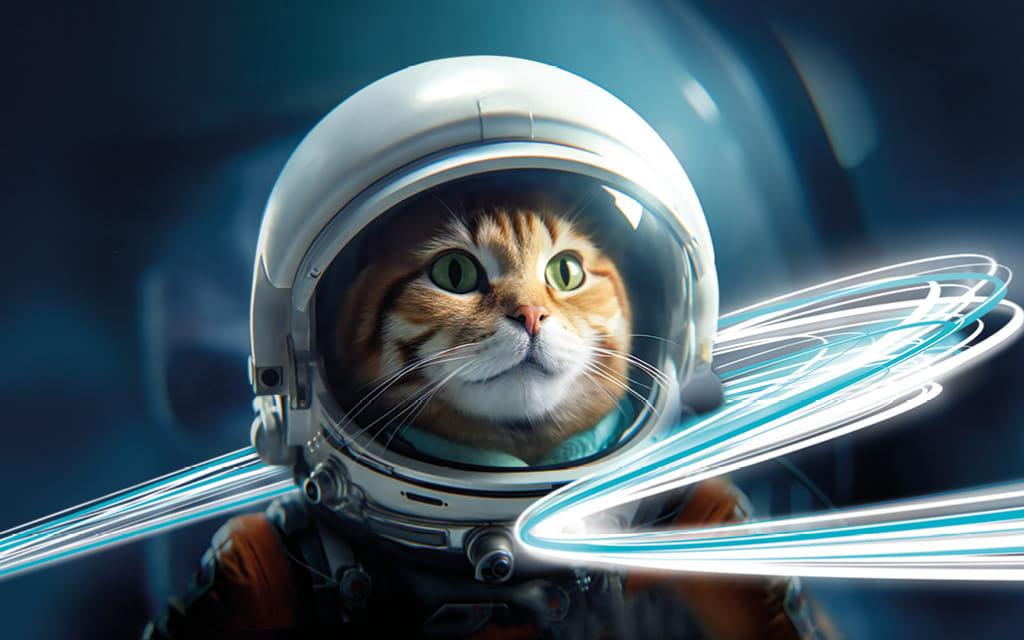 Katze im Weltall mit Weltraumanzug